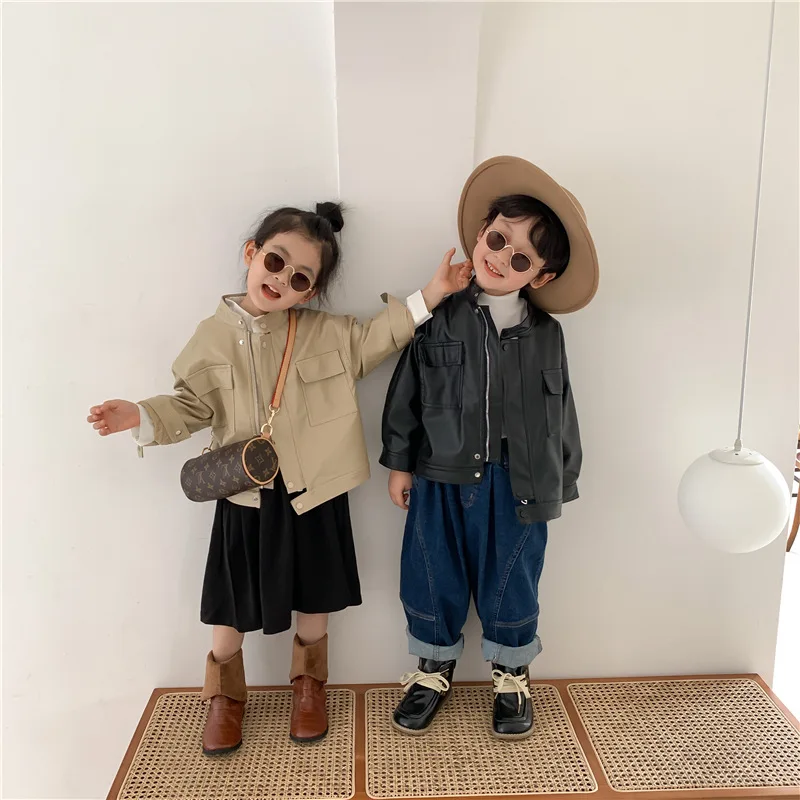 2024 Autumn Children Boys Leather Coat Infront Pockets Long Sleeve Baby Boys Outwear Jacket Solid Zipper Handsome Kids Boy Coats