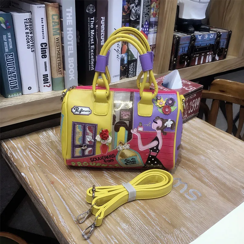 Colorful Artistic Boston Bag, 3D Embroidery City & Lady Print Handbag, PU Leather Top Handle Crossbody Bag for Women