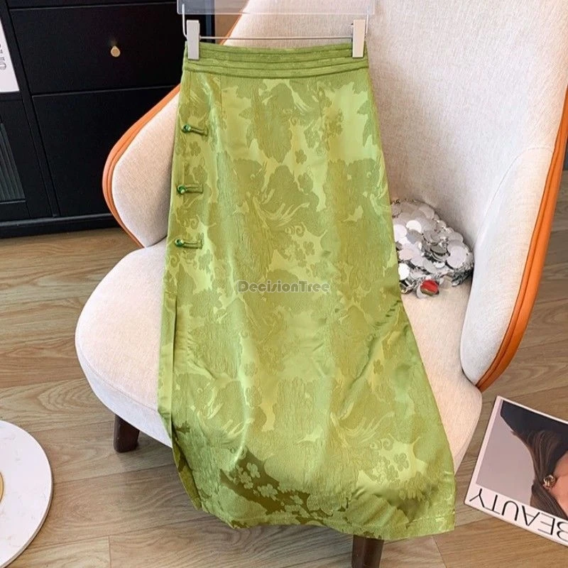

2025 новая китайская улучшенная жаккардовая юбка Cheongsam на пуговицах в стиле ретро для женщин, свободная полуюбка с эластичной резинкой на талии и разрезом с принтом