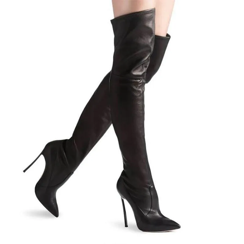 

Sexy Metal Blade Heels Stretch Thigh Boots Stiletto High Heels Pointed toe Slim Leg slip on Elastic Boots Woman Long Boats