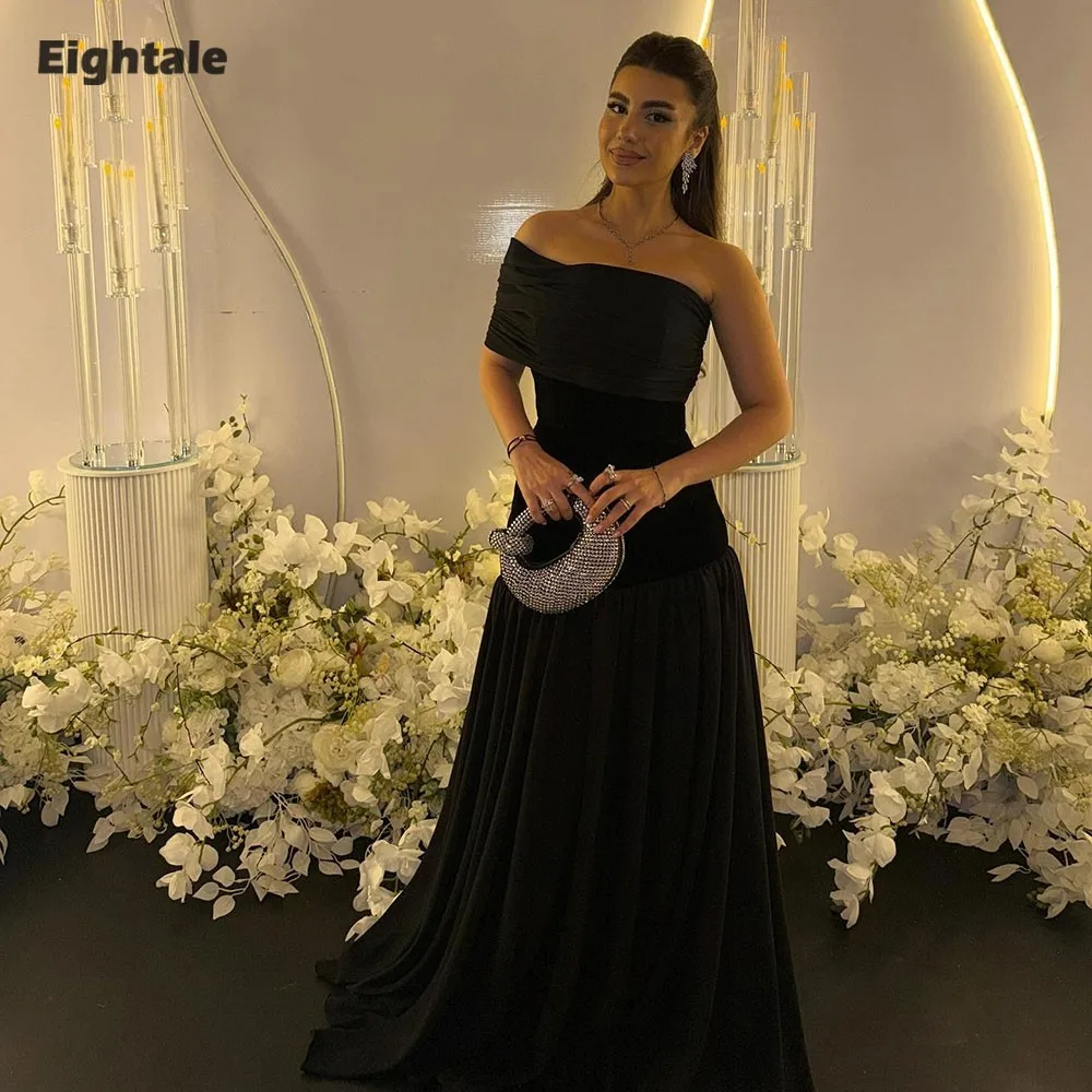 

Eightale Arabic Evening Dresses for Wedding Party Strapless Customized Black Floor Length A-Line Muslim Prom Gowns
