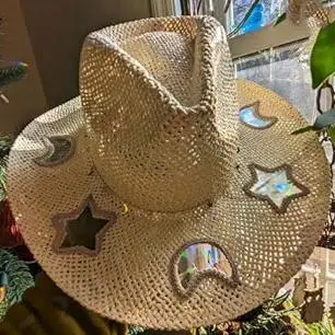 

Suncatcher Western Cowgirl Hat Summer Beach Bohemian Straw Hats Moon Star Sequin Vintage Cowgirl Jazz Hat Holidays Party Hat Cap