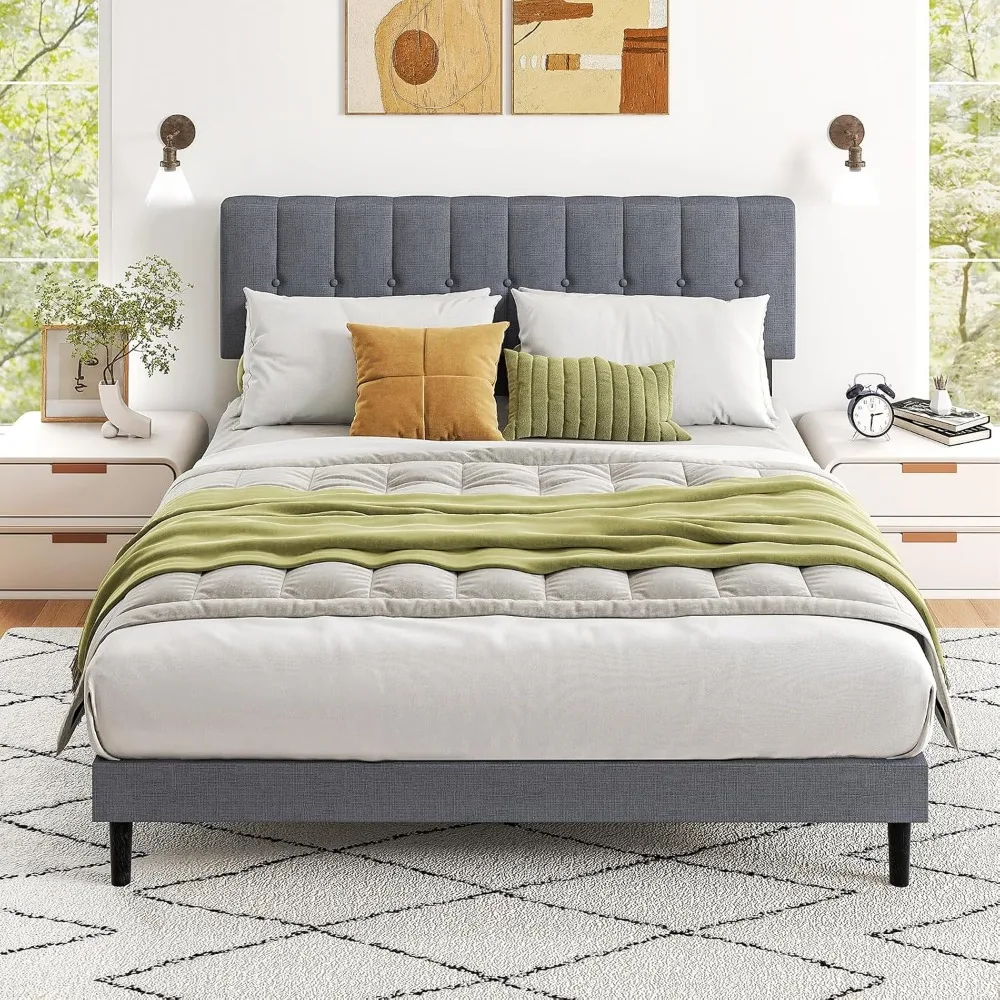 

Full Size Bed Frame - Fabric Upholstered Platform Bed with Headboard, 800LBS Sturdy Wooden Slats Support, No Box Spring Needed