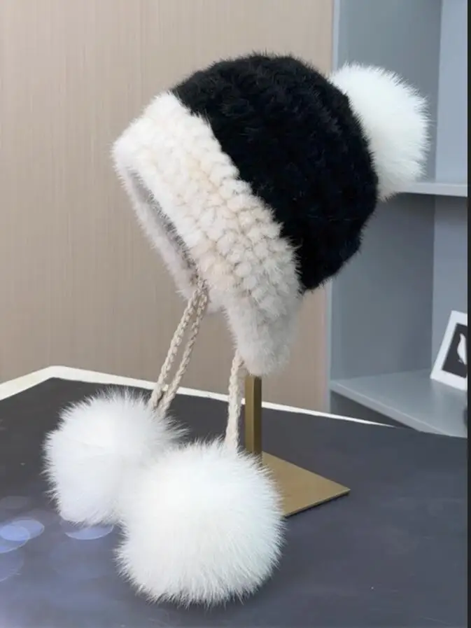 Winter Ushanka Women Genuine Mink Fur Hat with Earflap Handmade Knitted Girls Fluffy Cap with Real Fox Fur Pompom