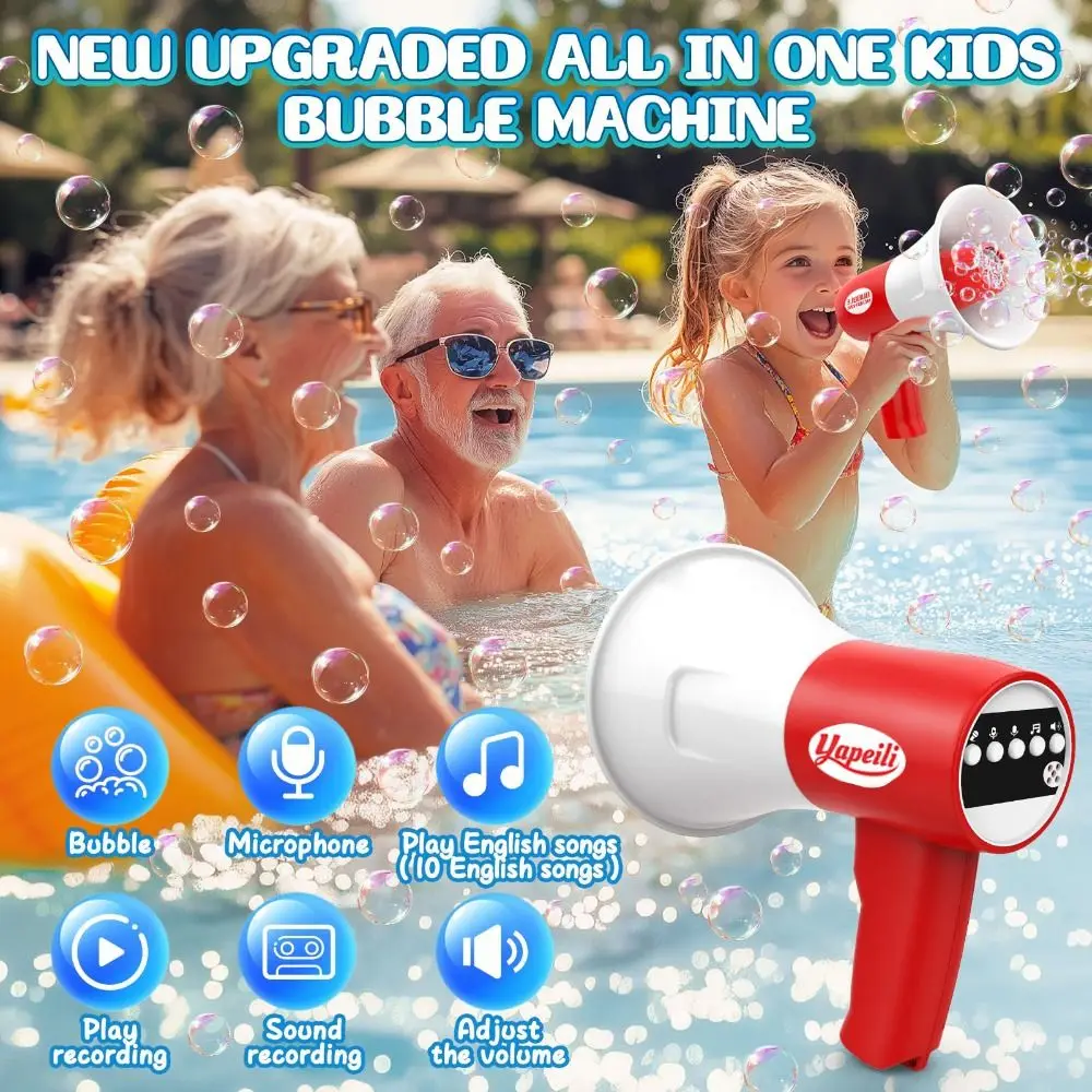 เครื่องทำฟองสบู่อัตโนมัติ 2-in-1 รูปทรงแตร อเนกประสงค์ พร้อมไฟ LED และเสียงเพลง ไมโครโฟนฟองสบู่