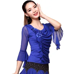 1pcs/lot fashion style woman latin dancing pleated blouse female sweet flower modern dancing top