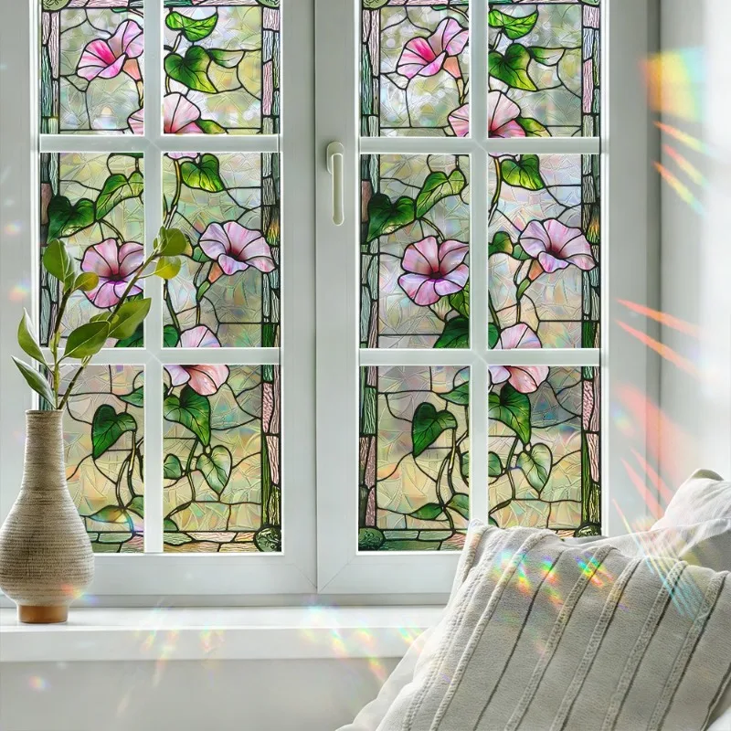 Floral Pattern Privacy Film Rainbow Window Film Static Cling Protection Window Sticker for Office Home Storefront Office Glass