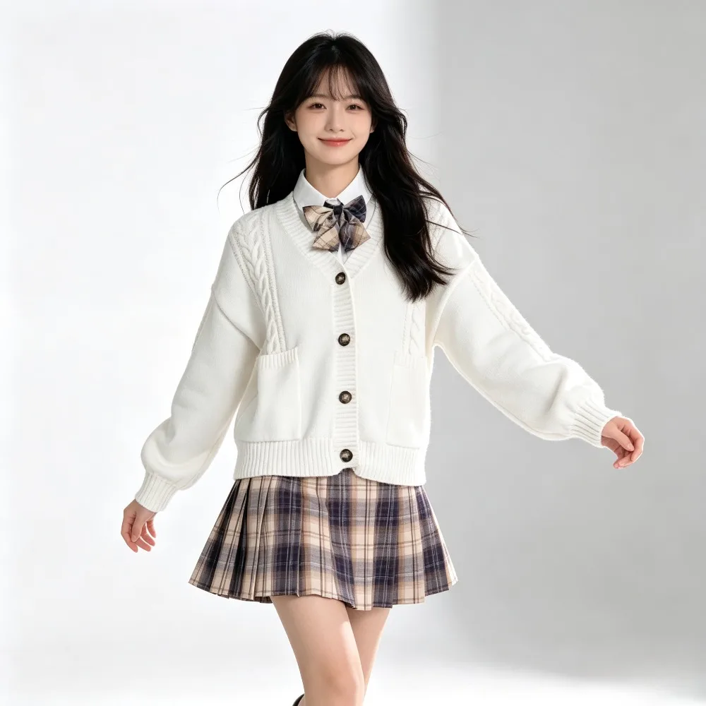 School Uniform Back to School Autumn Winter Lazy JK Knit Cardigan Loose College Plaid Skirt Set For Campus Daily Class