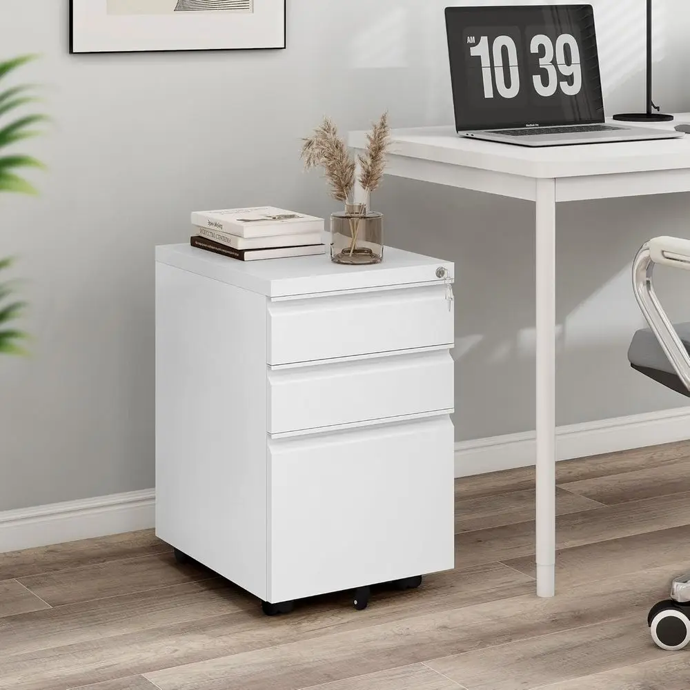 خزانة ملفات متنقلة بيضاء معدنية ذات 3 أدراج مع قفل، وحجم قانوني/حرف، وحدة تخزين مجمعة مسبقًا للمكتب