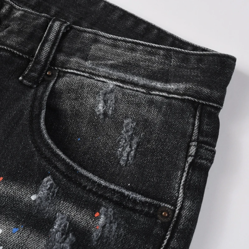 

Y2K High Street Designer Fashion Men Jeans Retro Black Gray Stretch Slim Fit Painted Ripped Jeans Men Brand Vintage Denim Pants