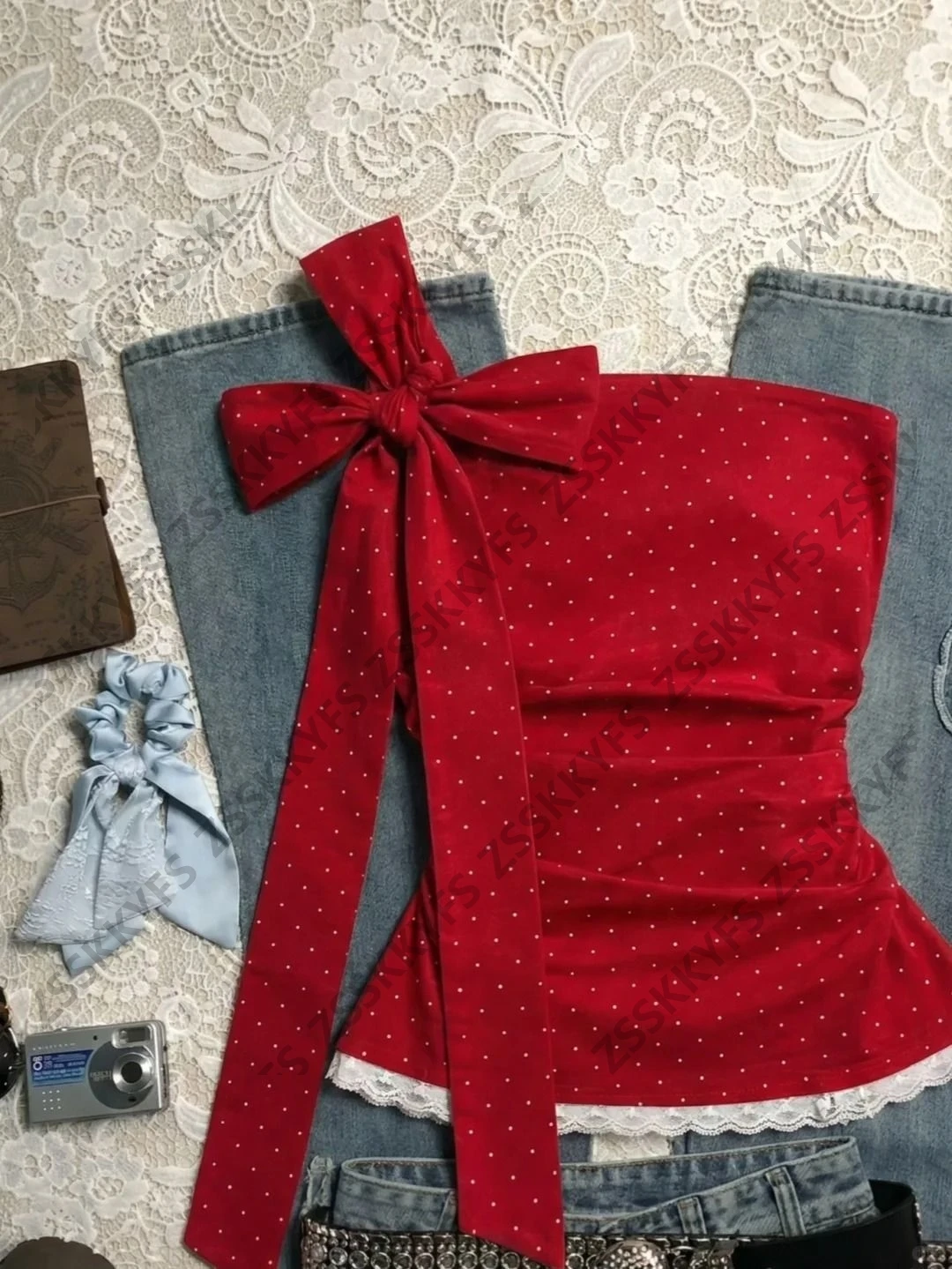 French style Vintage Polka Dot Bow Tank Sleeveless Slim 90s Lace Gyaru Sexy Tube Crop Top Harajuku Kpop Y2k Clothes Summer Camis
