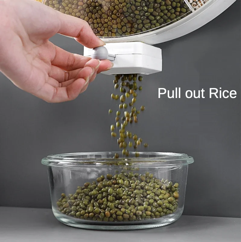 Grains Container Storage Box Wall-Mounted Seperated Cereals Dispenser Moisture-Proof Rice Bucket Rotary Compartment Grain Bucket