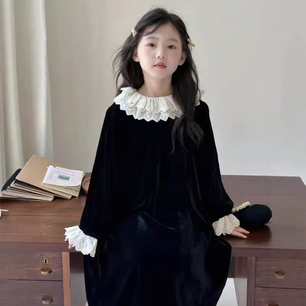 Childrens dress 2024 autumn new style girls lace long sleeved princess dress doll collar dress