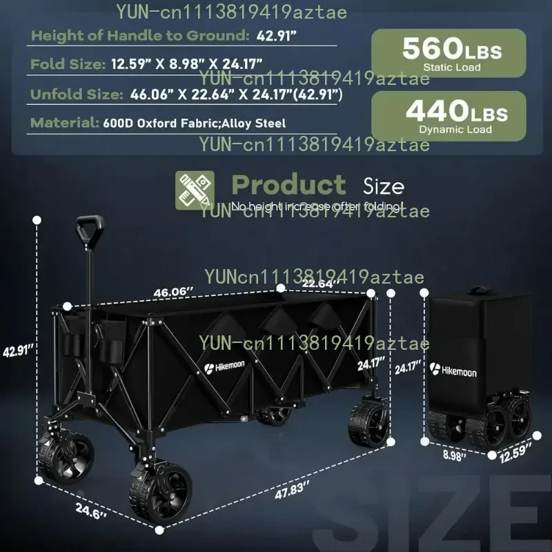 300L Extra Large Wagons Carts Foldable, 560LBS Heavy Duty Collapsible Beach Wagon 48