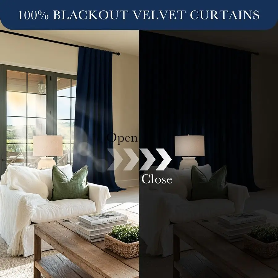 Marineblauw fluweel 100 verduisteringsgordijnen voor slaapkamer 84 inch lang, thermisch geïsoleerde raamgordijnen voor woonkamer, Back Tab Hoo