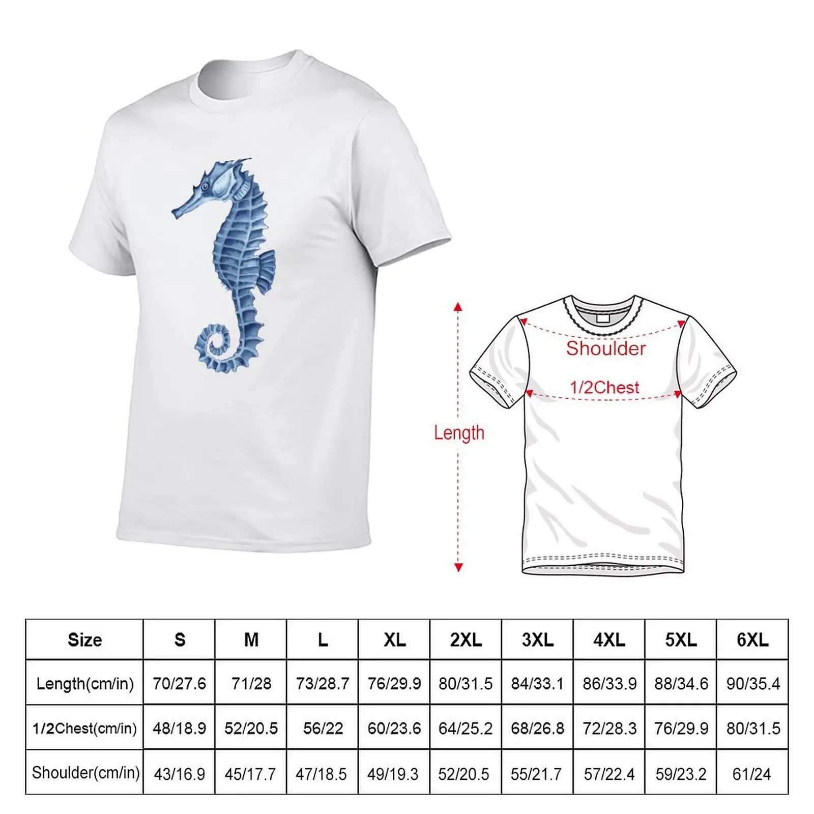 Blue watercolor seahorse. T-Shirt Breathable Basic Cotton T-Shirt