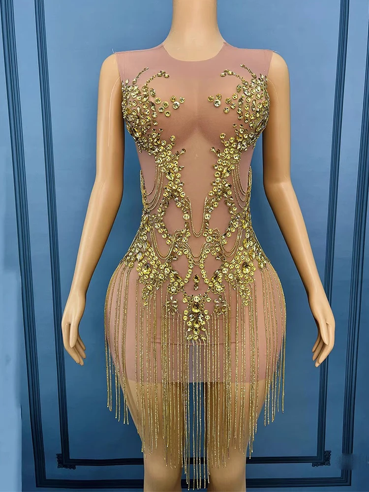 

High Quality Rhinestone Tassel Elastic Vest Dress 2025 New Fashion Custom Women'S Clothing