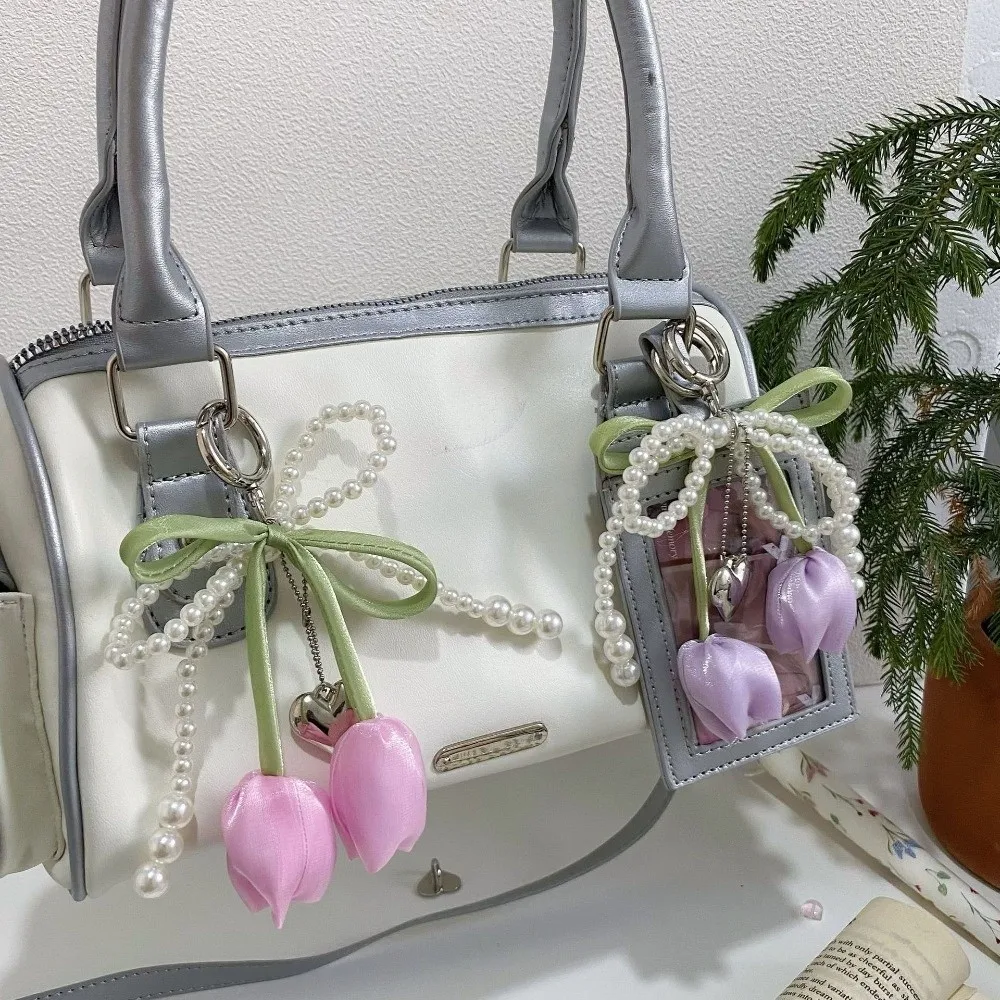 Fashion Ribbon Pearl Lace Bow Bag Accessories DIY Jewelry Style Mobile Phone Pendant Tulip Key Chains Car Keyring