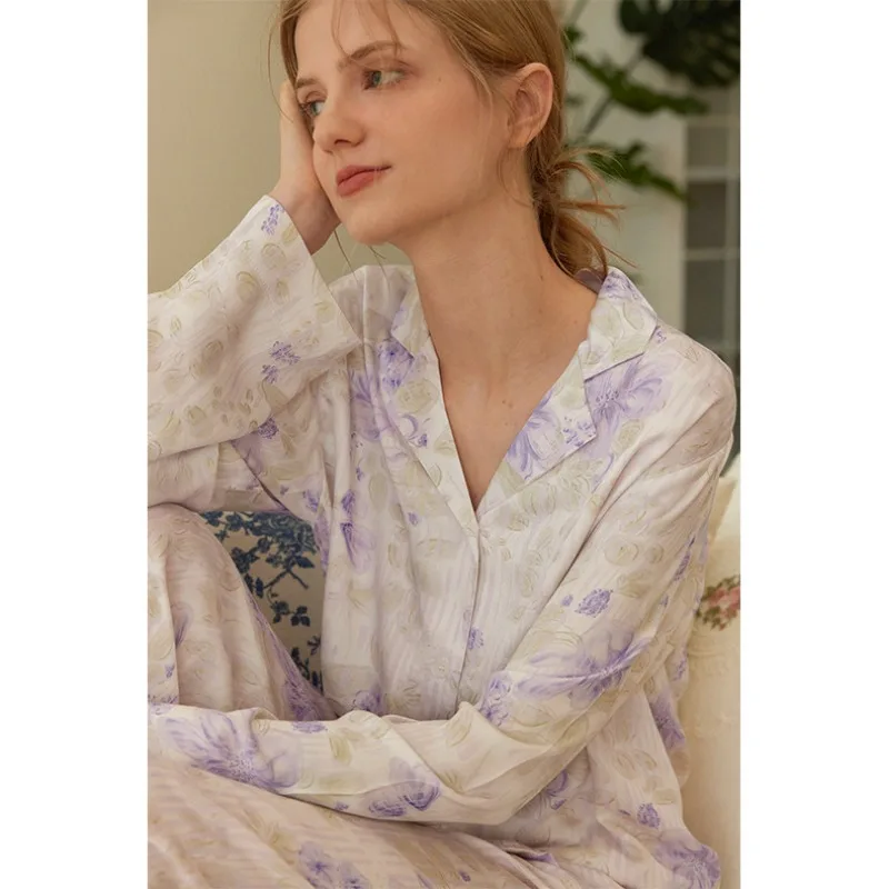 2024 Satin Lapel Purple Light Elegant Vertical Stripe Flower Printing Pajamas Women Cotton Silk Long Sleeve Trousers Sleepwear