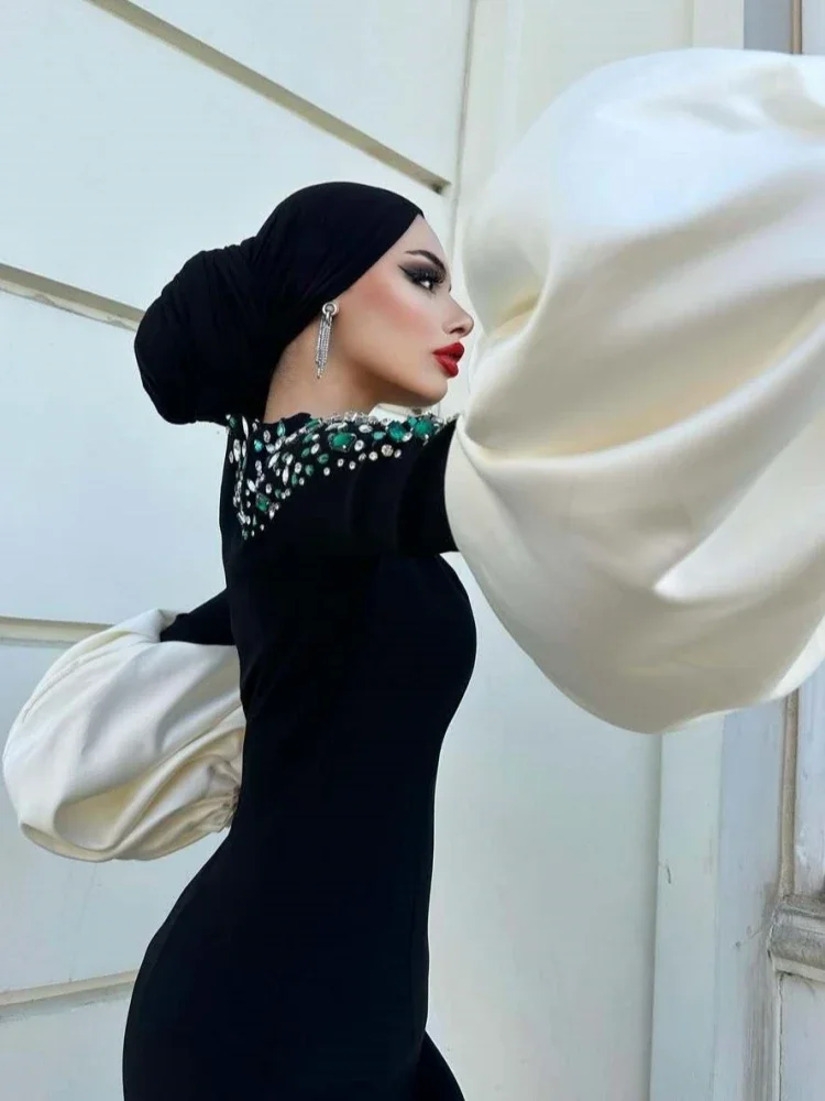 Sexy O Neck Puff Sleeves Patchwork Diamonds Bandage Dress Women Black Long Sleeves Crystal Bodycon Dresses Evening Party Gowns