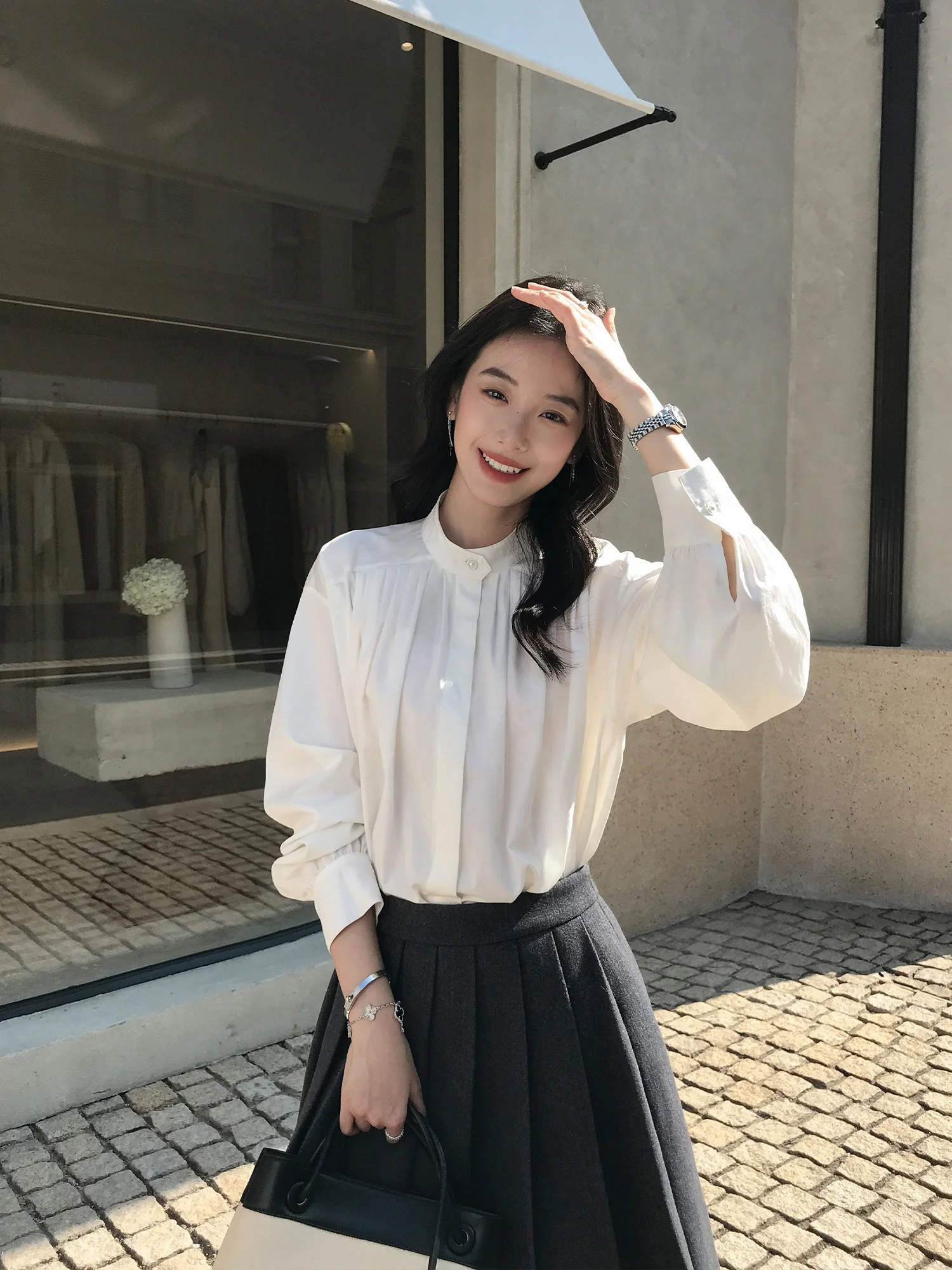 

Mulvan nce Profile Pleated White irt Women's Loose Long Sve Stand Collar Casual Sle Cotton Blend irt