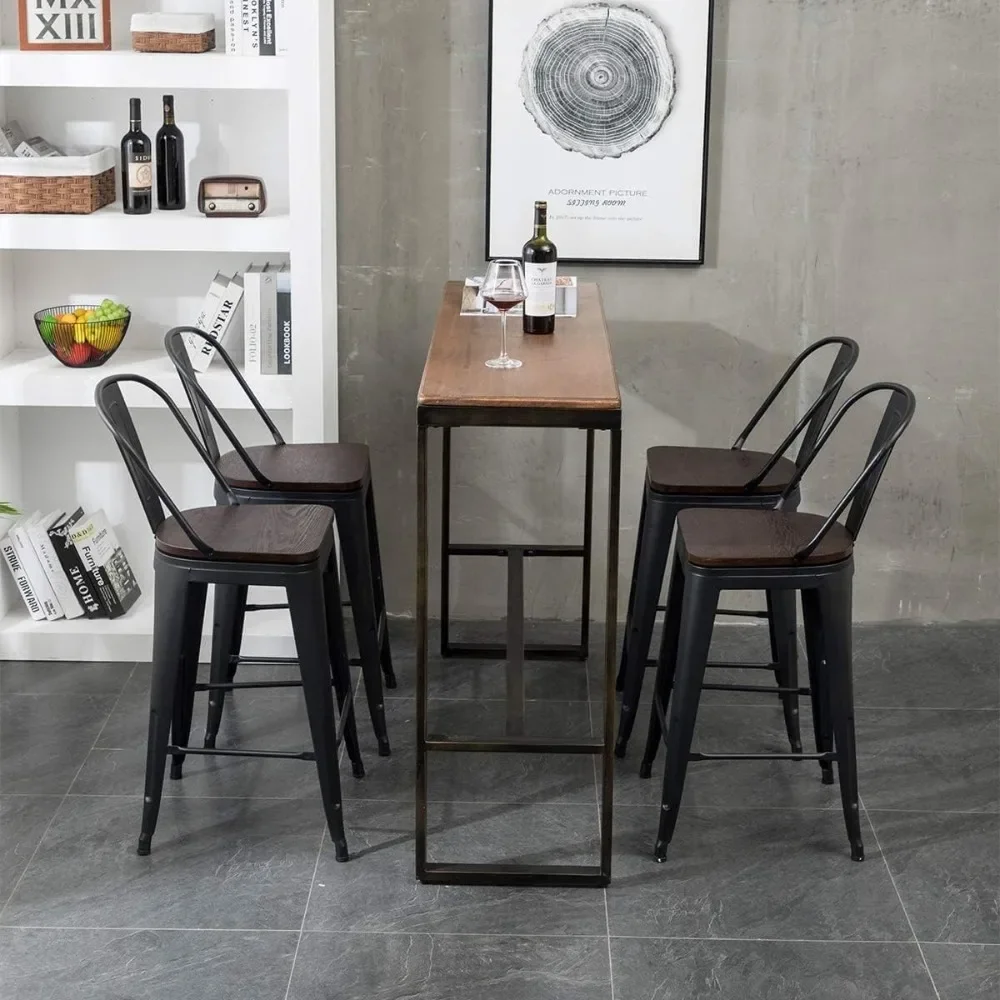 Set of 4 Farmhouse Bar Stools with High Back, 26-Inch Matte Black Metal Stools for Comfortable Kitchen Seating.