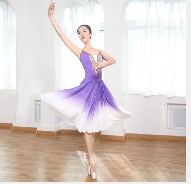 Lange Volwassen Vrouwen Kinderen Ballet Tutu Jurk Gradiënt Moderne Dans Kostuums Prestaties Ballerina Chiffon Ballet Jurk