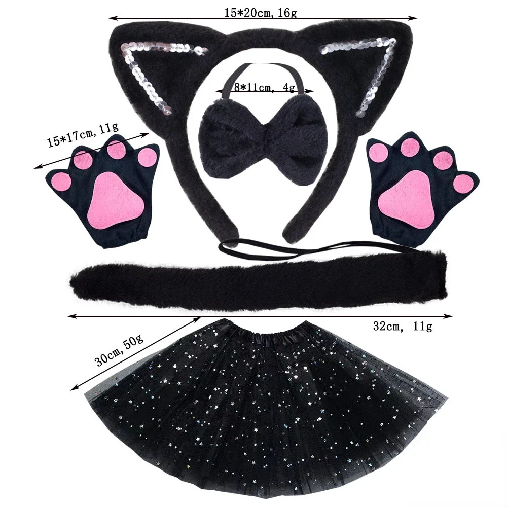 Diadema con orejas de gato para niña y mujer, falda de tutú de cola de pajarita, disfraz de Halloween, regalo de cumpleaños negro, blanco y marrón, decoraciones de fiesta y vacaciones