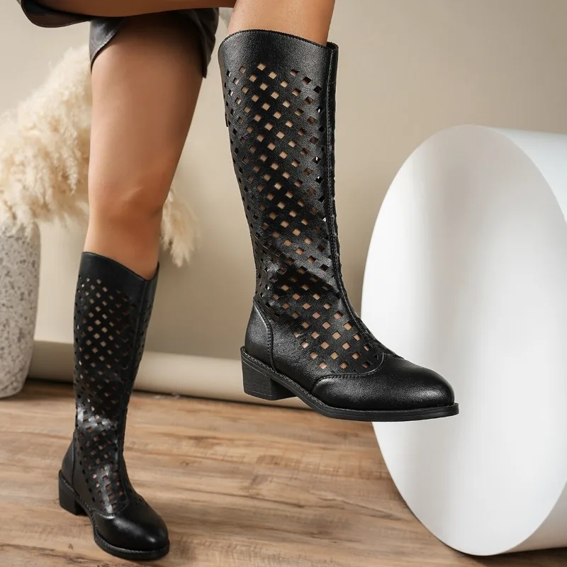

Cutout Long-thigh Boots Women's 2026 New Spring and Summer Block Heel Thin High-heeled Cool Boots