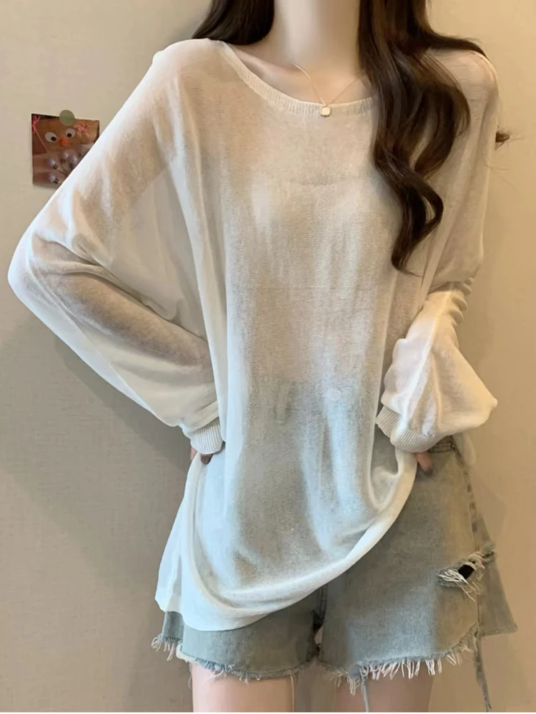 Thin Long Sleeve Ice Silk Knitted Sunshade Cover up Women Summer plus Size Slimming Sexy Semi-Transparent Top Korean Style