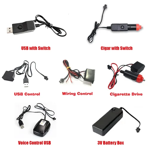 Imagen 1 del producto Adaptador decorativo Interior para coche, interruptor de controlador USB de 5V, cableado, control por voz, caja de batería de 3V, unidad de cigarrillos, cableado EL, tira de neón