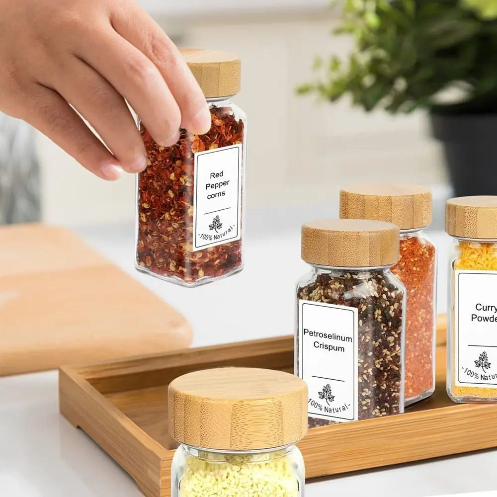 4oz Glass Spice Jars Square Perforated Seasoning Bottle Transparent with Bamboo wood lid Pepper Storage Container Powder