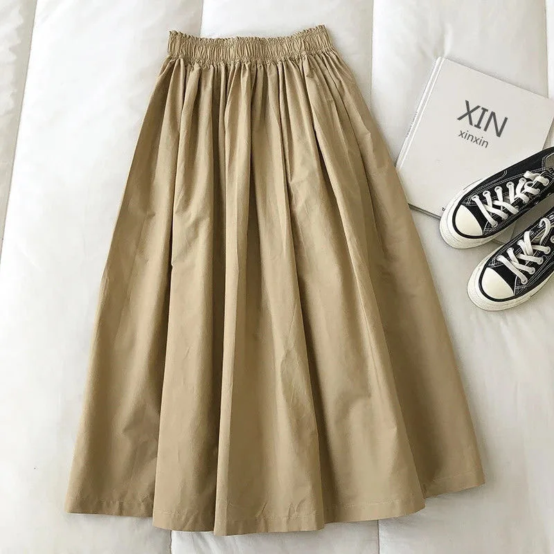 Women White Long Skirt Fashion Pockets Pleated Knee Length Skirts Autumn 2024 New Casual Elegant High Waist A Line Femme Skirts