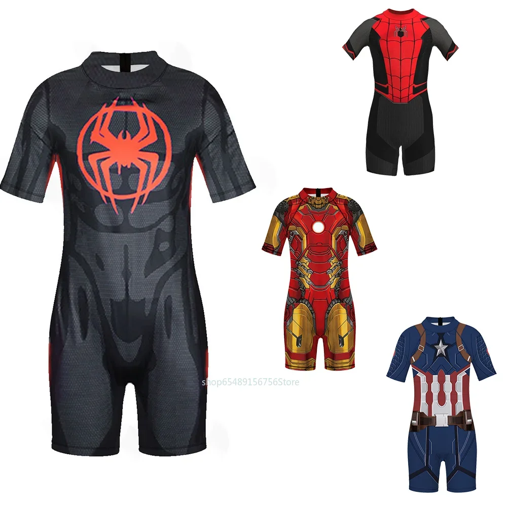 Baby Swimsuit Hats Sets Spiderman Iron Man Boys Girls Swimwear Captain America Swimwear Kids Beach Bathsuit Halloween Gift