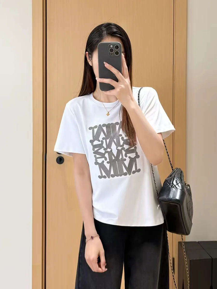 Summer Max Women's Loose Fit round Neck Short Sleeve T-Shirt Embroidered Letter Casual Versatile Top Cotton Sweat Absorbing