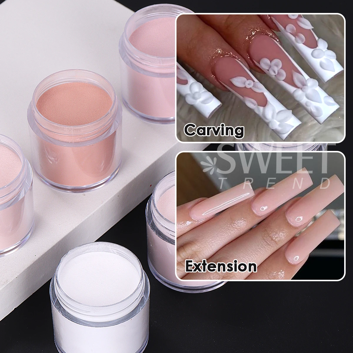 6 Colors 10g Professional Acrylic Powder For Nails Carved Builder 3D Design Dipping Dust Nude White DIY Manicure Tips Supplies