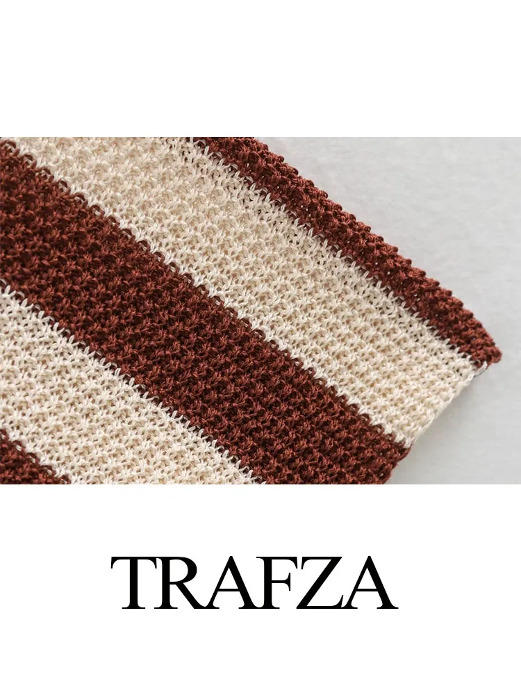 TRAFZA Elegant Woman Loose Slim Elastic Waist Trousers Women\'s Knitted Striped High Waist Casual Wide Leg Pant Streetwear