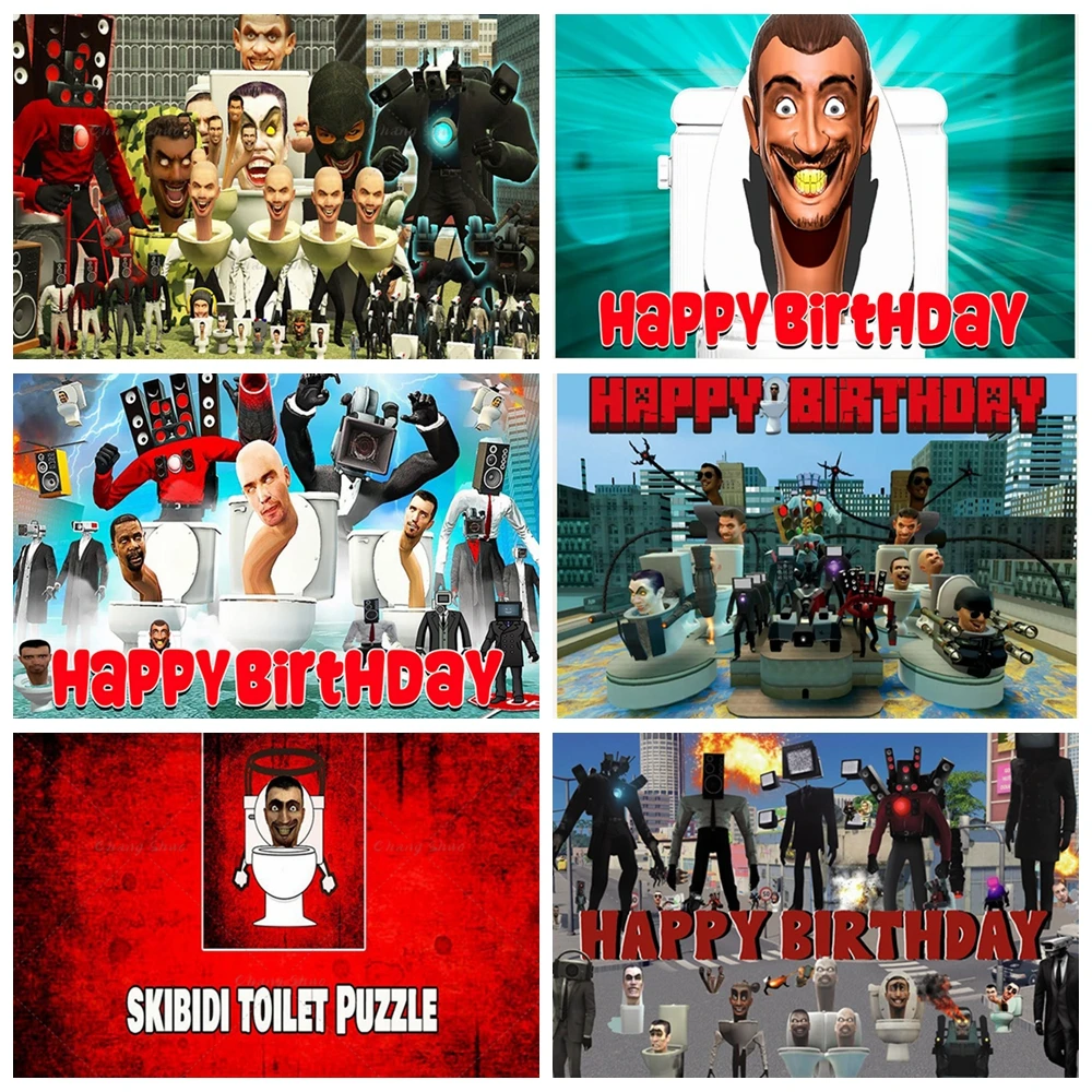 

Skibidi Toilet Birthday Party Backdrop Banner Decor Kids Photography Studio For Young Combat Robot Monitor Young Background