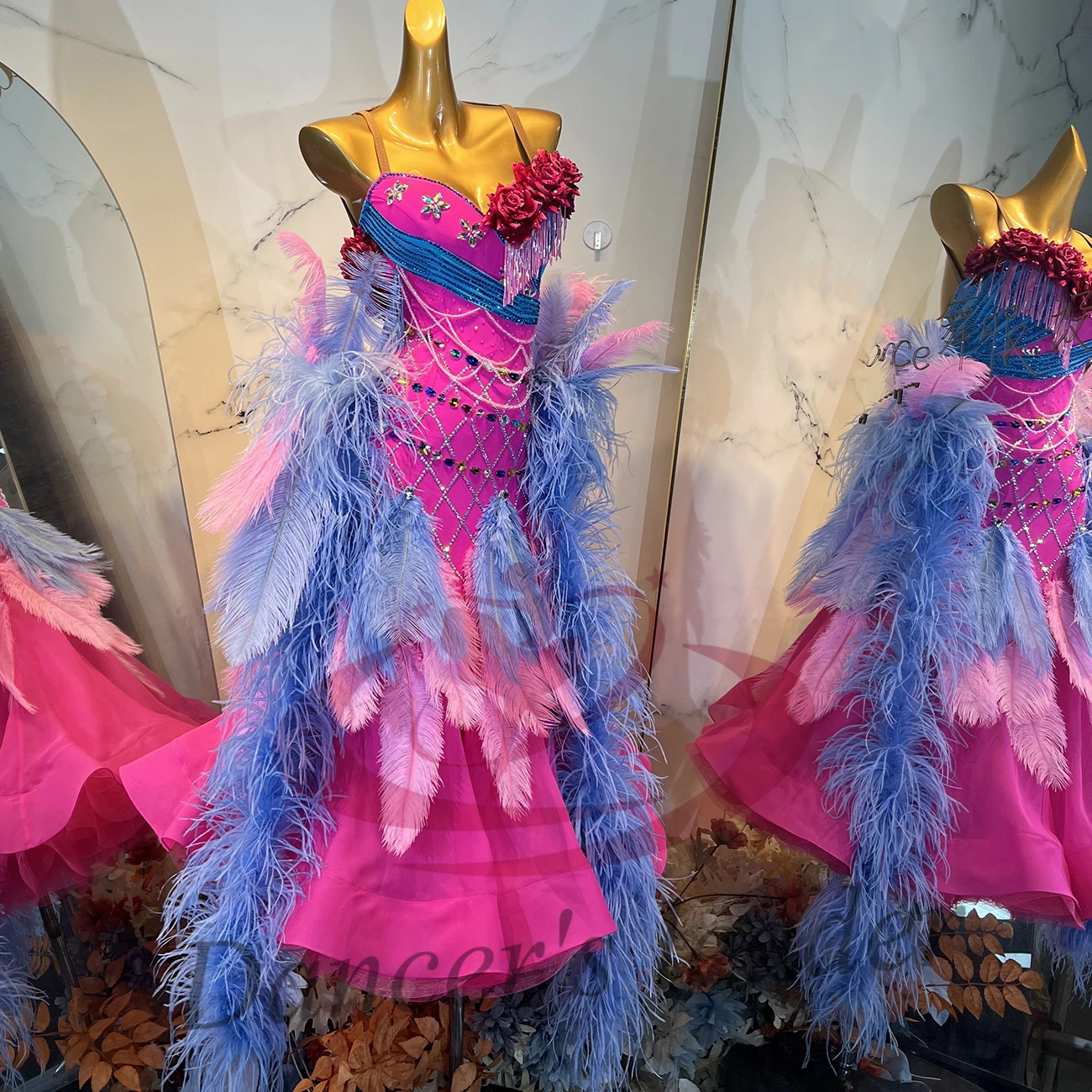 

Latin Dance Costume Diamond Female Adult Children High end Customized Two tone Feather Modern Waltz Performance Dress