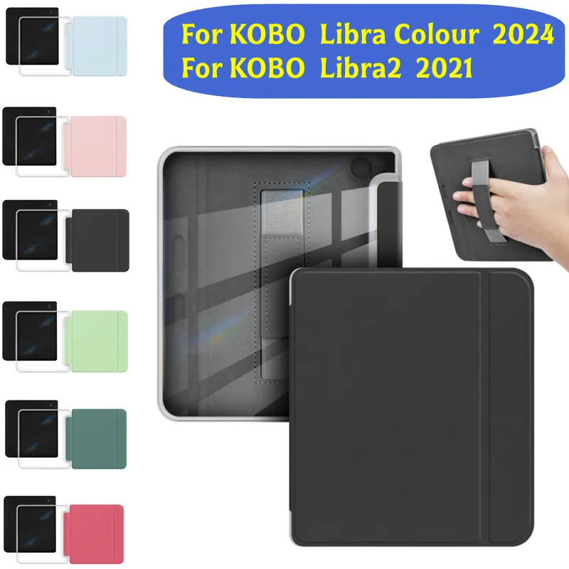 

HandStrap Case for Kobo Libra Colour N428 2024 Libra2 N418 EBook Acrylic Clear Back Magnetic Flip Sleep Cover Protective Shell