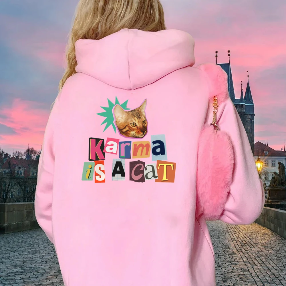 Karma Is Cat Hoodie Midnights Retro Hooded Sweatshrit Back Print Y2k Aesthetic Pullover Cat Lover TS Fans Hoodies Kawaii Clothes