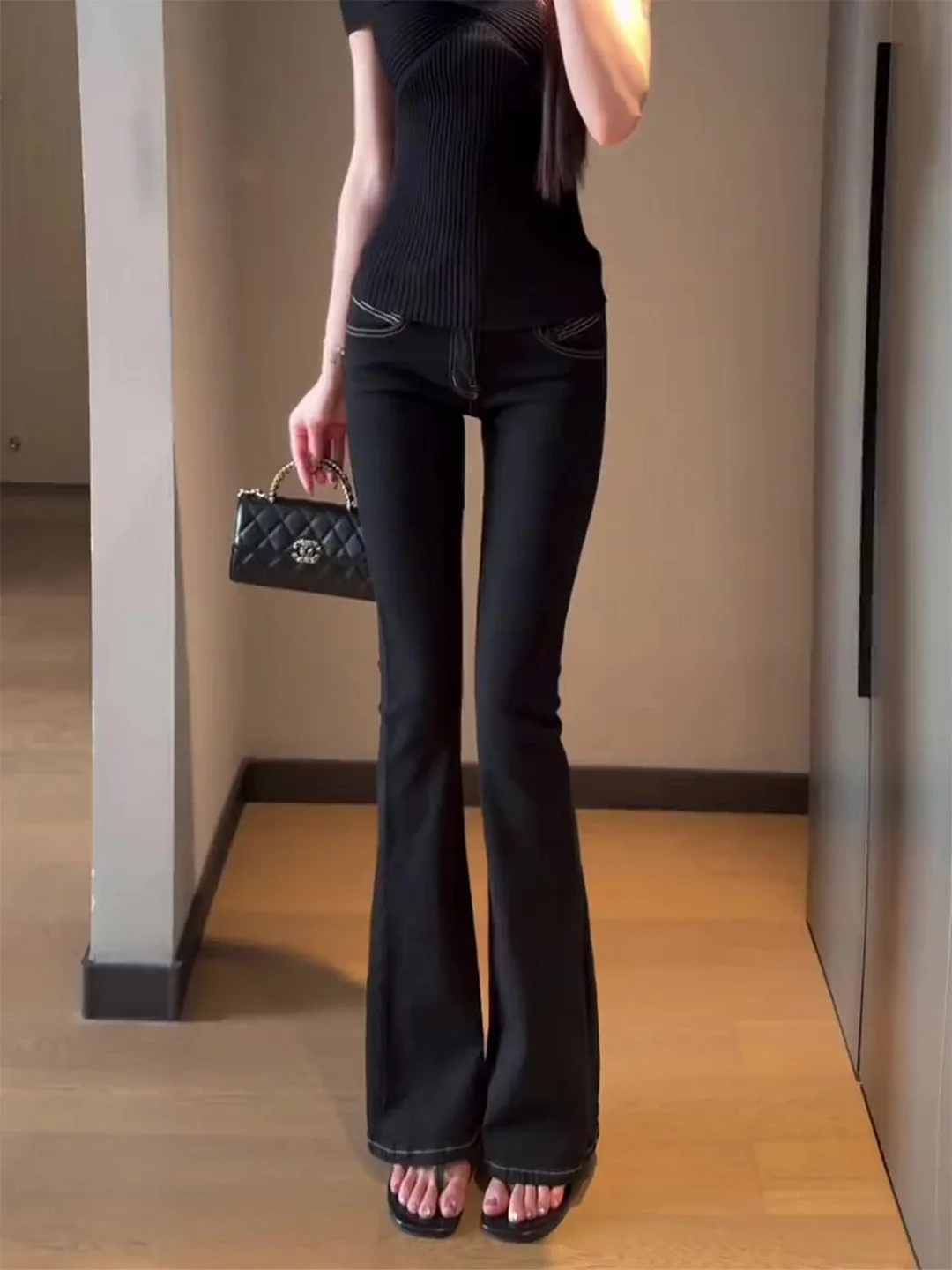 

Summer 2026 Women's High Street American Style Skinny Black Jeans Low Waist Bootcut Denim Pants for Pear Shaped Body Washed