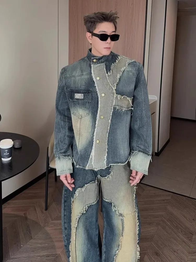 

American High Street Aalyptic Sle Men's Denim Jaet Loose Fit Stand Collar Spring Outerwear with Knife Detail