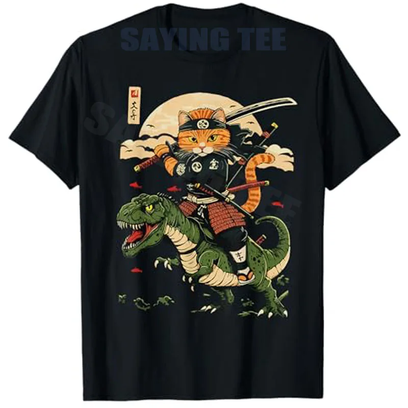 

Vintage Samurai Cat Dinosaur Japanese Art Graphic Funny Cats T-Shirt Anime Kitty Aesthetic Clothes Y2k Cartoon Novelty Tee Tops