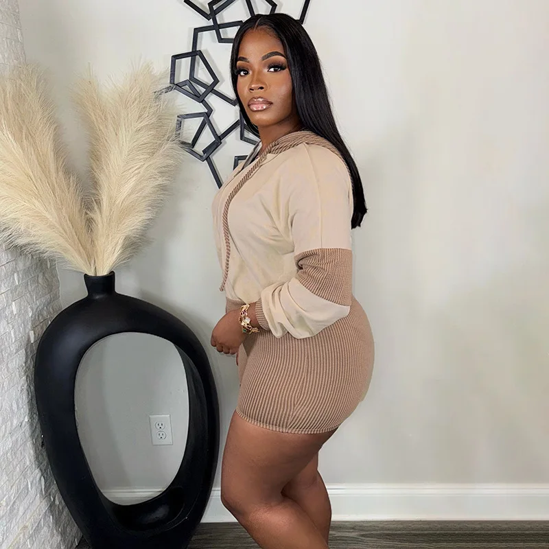 STYLISH LADY Color Block Ribbed 2 Piece Outfit Women Hooded Zip Up Long Sleeve Jacket High Waist Shorts Set Casual Tracksuits