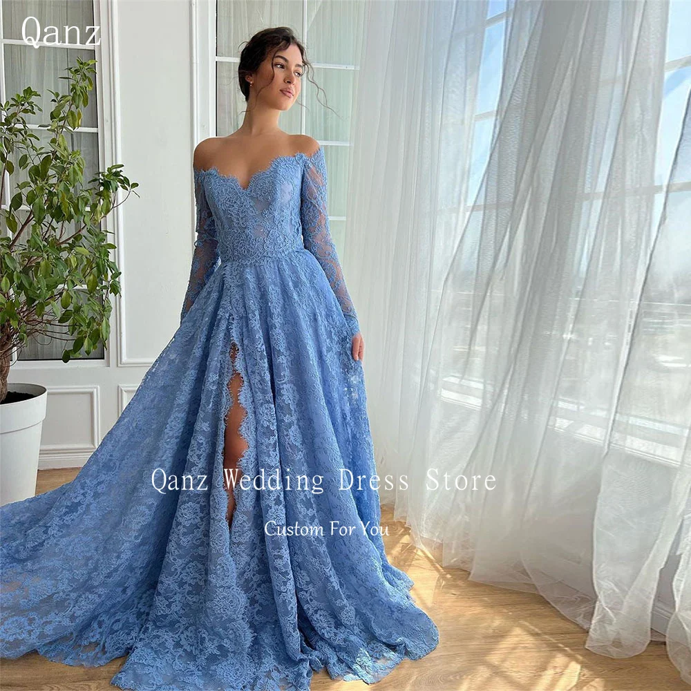 

Qanz Luxury Full Lace Appliques Evening Dresses Off The Shoulder Sweetheart Party Dresses Slit Vestidos Para Eventos Especiales