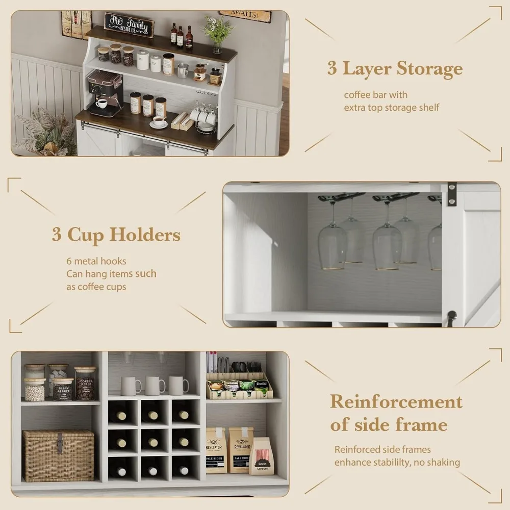 Grande armoire de bar de cuisine de 47 pouces avec rangement à 3 niveaux, supports à 9 vin et 3 supports en verre pour un style de ferme rustique