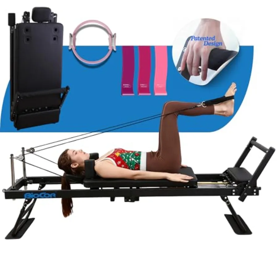 

Foldable 93 Pilates Reformer with Yoga Ring Circle Headrest Jumpboard Dual Resistance Springs Patented Design for Home Workout