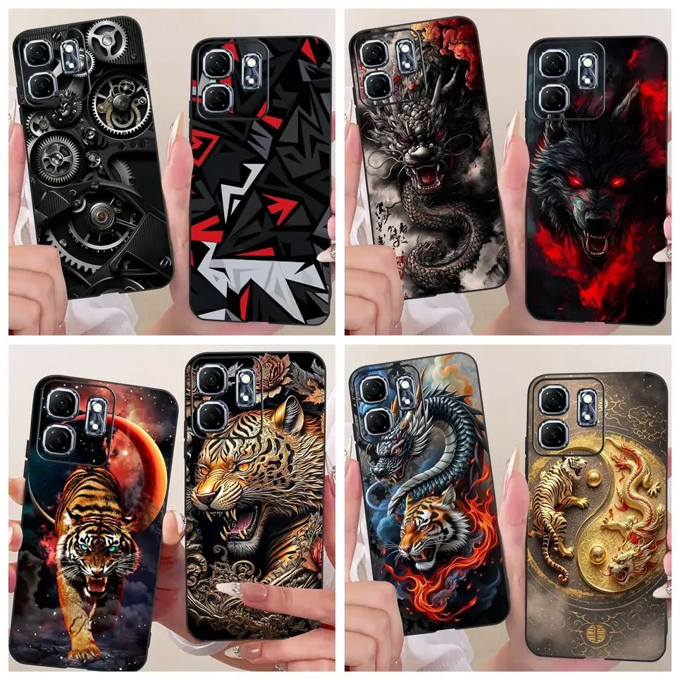 Black Soft Phone Casing For Infinix Hot 50i 4G Smart 9 9HD Case Cool Cartoon Dragon Lion Tiger Print Back Cover Silicone Bumper