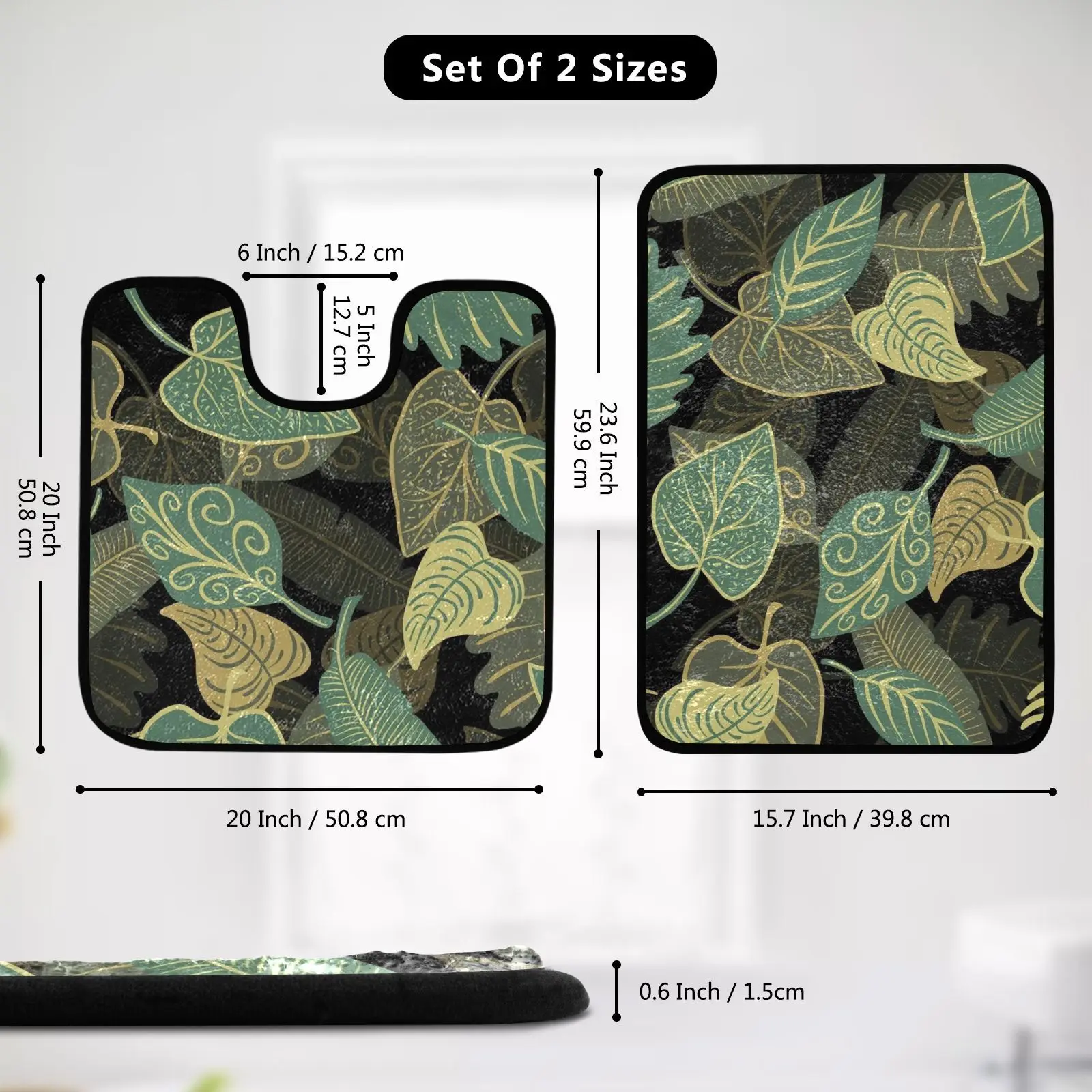 Leaf printing Bathroom matsNon-Slip Bath Mat and Toilet Mat Bathroom Rug Set Soft Bath Mat with Washable Bath MatsBath set of 2